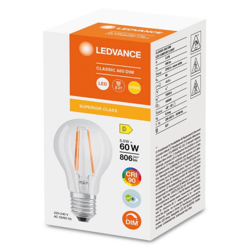 Ledvance E27 LED Lampe Classic klar dimmbar 5,8W wie 60W 2700K warmweißes Licht hohe Farbwiedergabe CRI90 - Superior Class